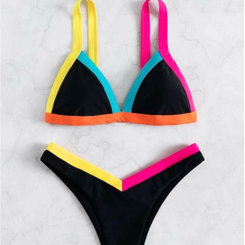 Beautiful Binding Trim Triangle Bikini Set, Black L (8-10)